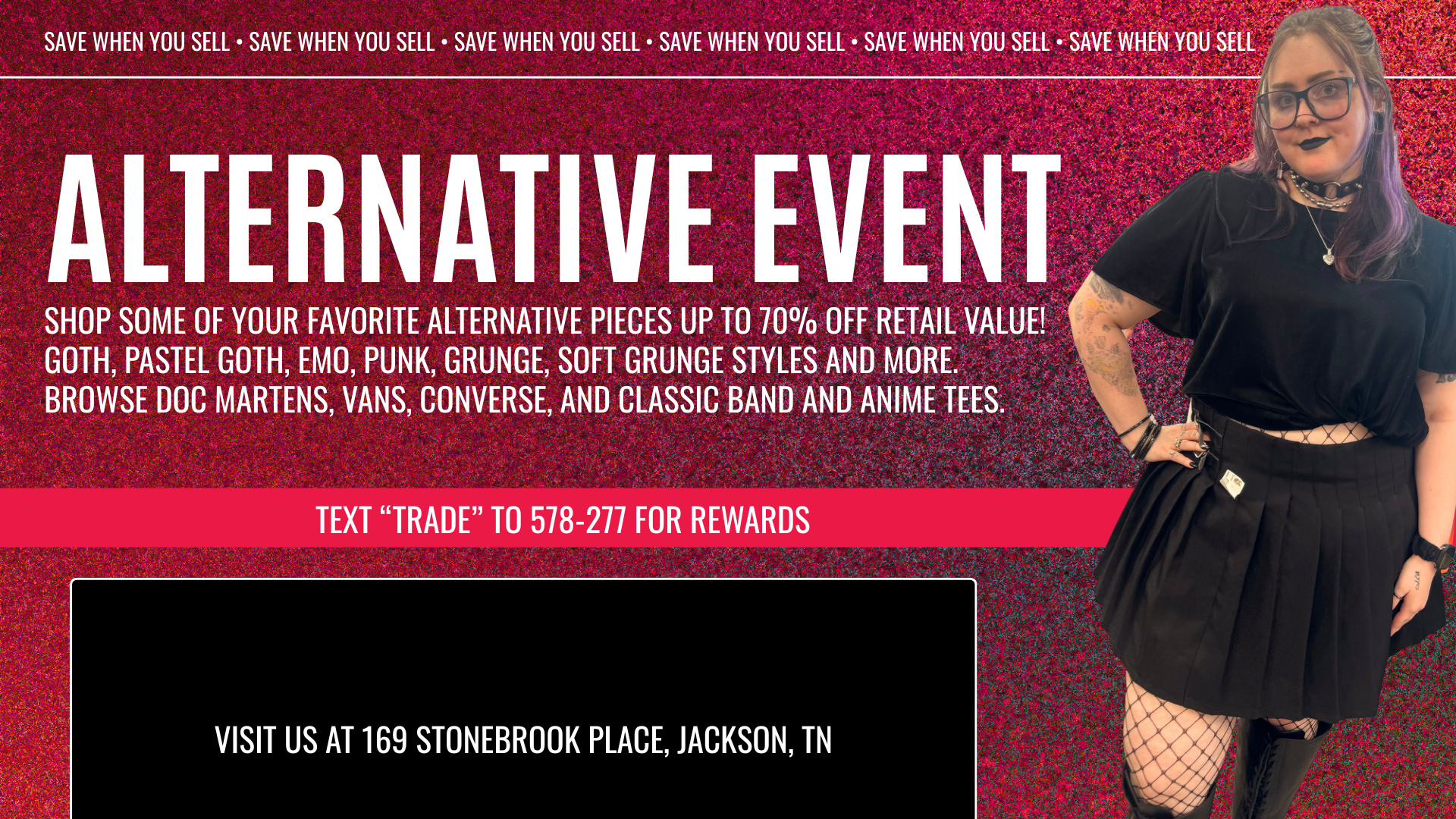 Image shows bold, edgy fashion pieces displayed in-store at Plato’s Closet Jackson, TN. Styles include mesh tops, cargo pants, band and anime tees, chunky boots like Doc Martens and platform Converse. Visual theme reflects goth, grunge, punk, and emo aesthetics with dark tones and layered fits.